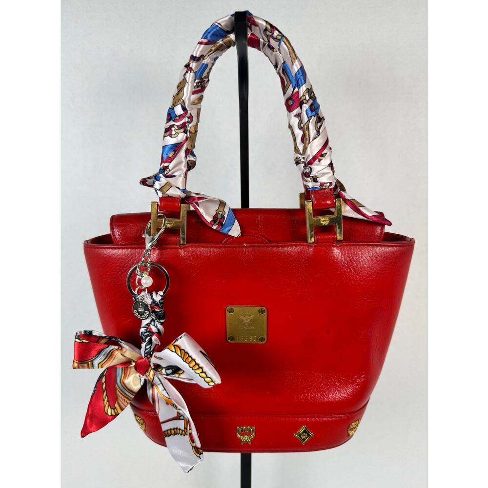 MCM Vintage Red Leather Top Handle Satchel Bag Authentic COA